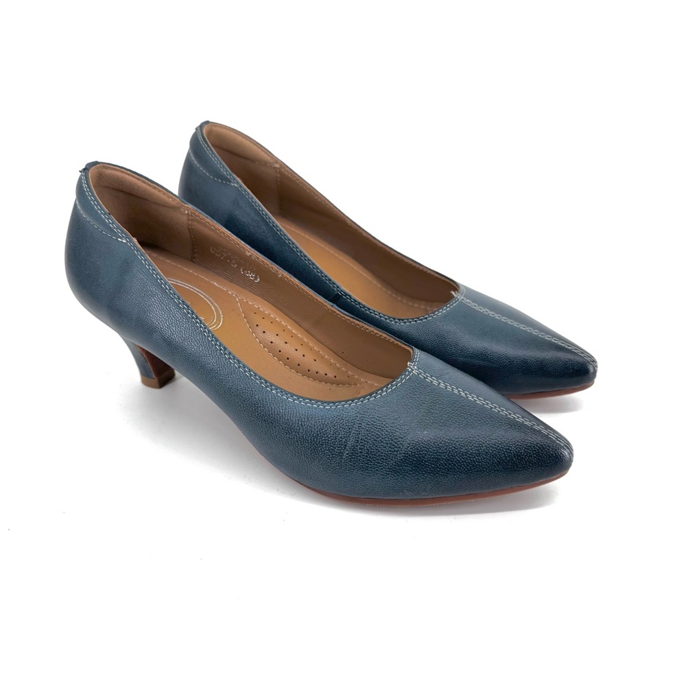 Mona Flying Leather Retro Pointed Toe Pumps Comfort Heels in Teal Size 7.5